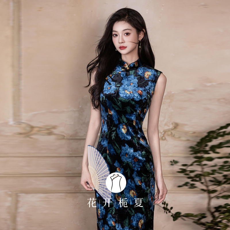 新中式绝美气质蓝色无袖旗袍