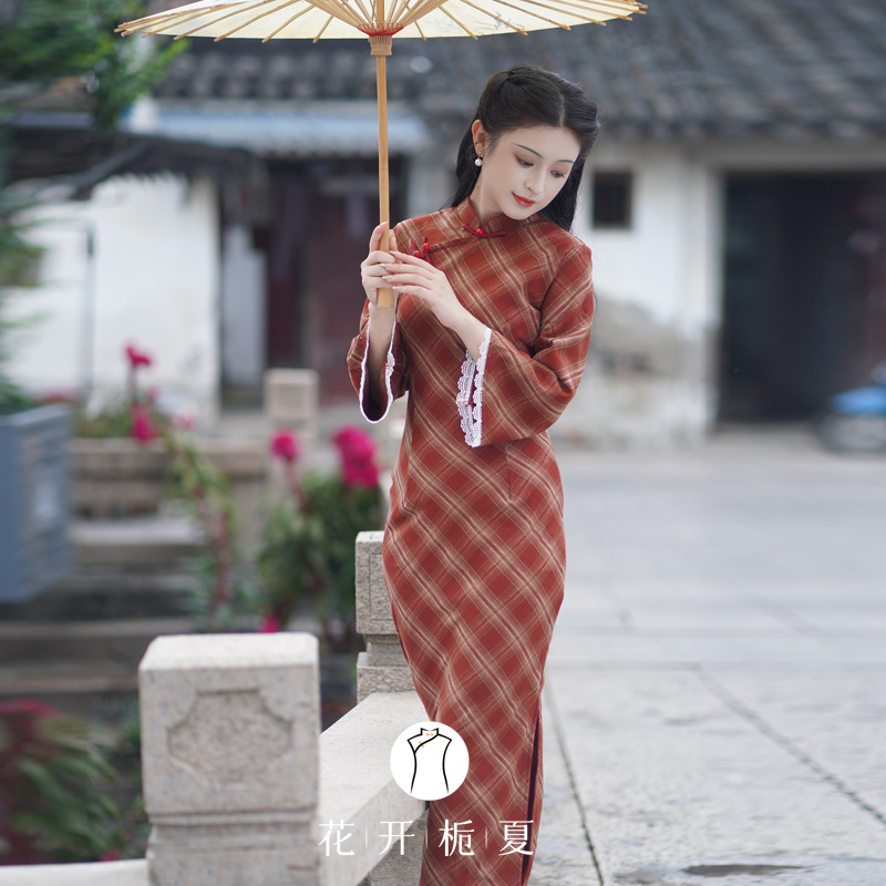 复古民国风红色格子旗袍