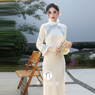 保暖加绒连衣裙日常11 新中式 2025新款 白色羽毛纱刺绣旗袍冬装