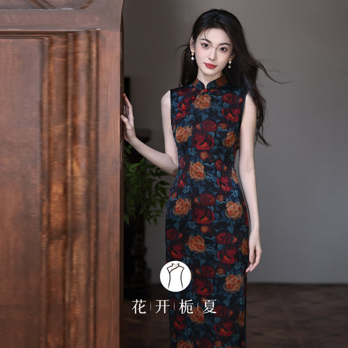 老上海复古风黑色大花无袖旗袍