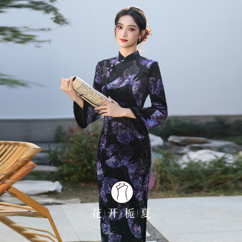 黑色丝绒旗袍2025冬款高端修身连衣裙加绒加厚复古蝴蝶印花11/28,女装/女士精品,旗袍,淘宝优惠券,粉丝福利购,淘宝优惠卷