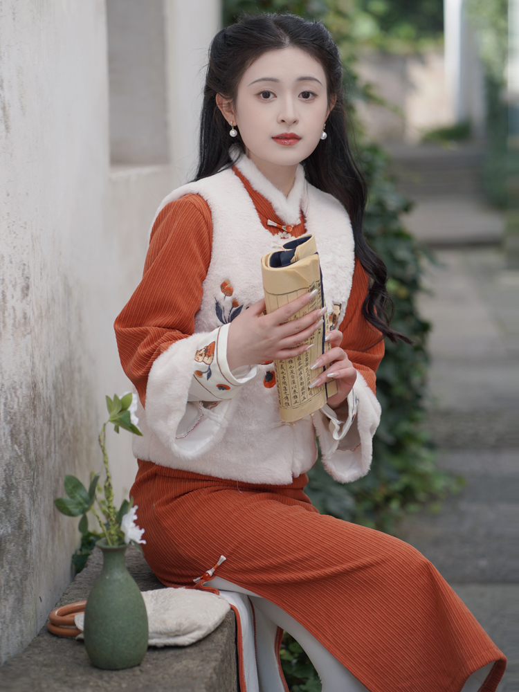 复古民国风雪尼尔倒大袖旗袍