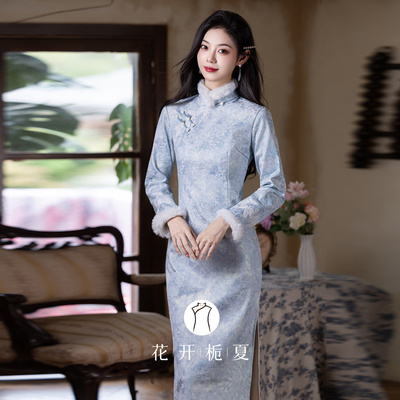 新中式国风蓝色加绒旗袍日常可穿