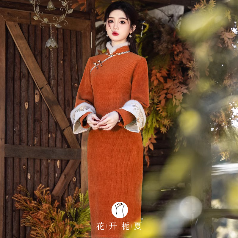 新中式改良南瓜色加绒旗袍