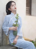 旗袍2026年春季 花开栀夏古法全开襟蓝色倒大袖 新款 蓝色情书