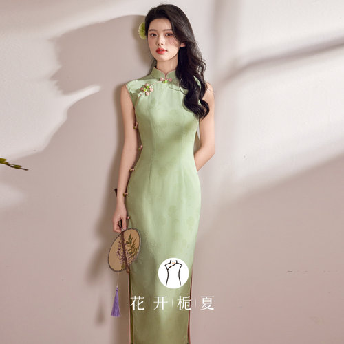 绿色无袖旗袍年轻款少女连衣裙