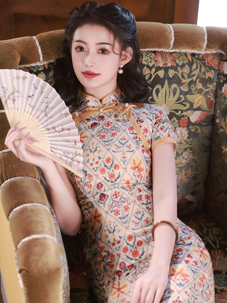复古民国风长款碎花旗袍