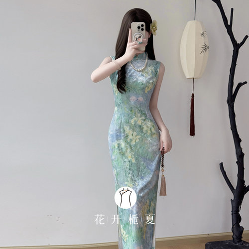 复古绿色油画旗袍修身显瘦连衣裙