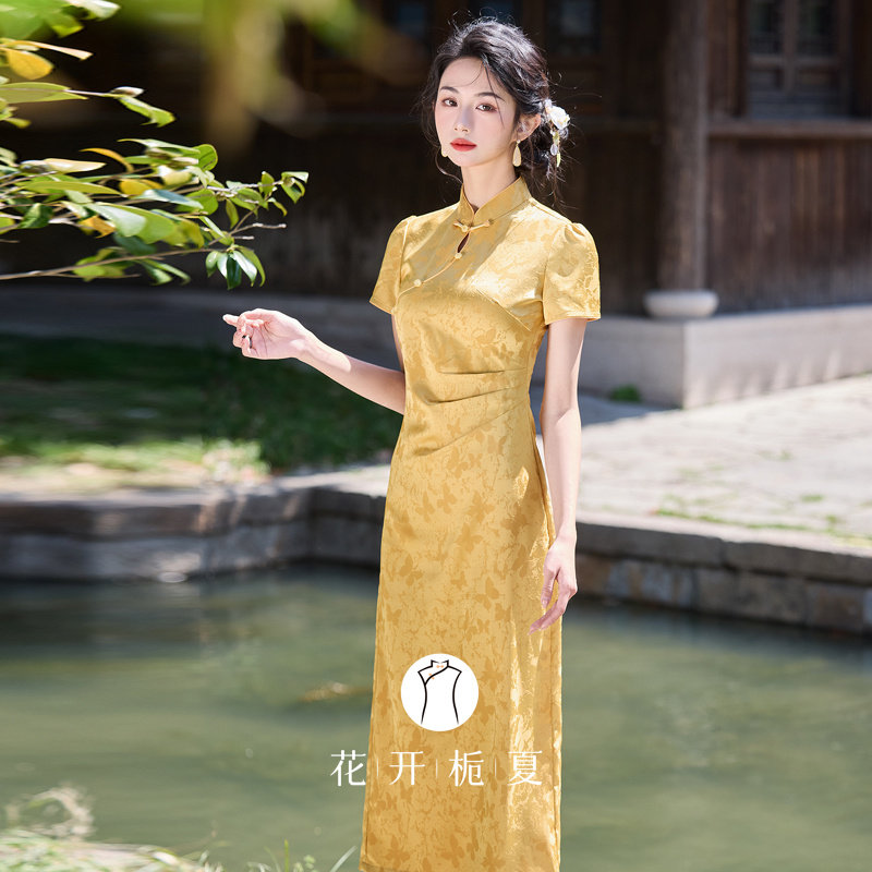 新中式改良黄色人丝提花旗袍