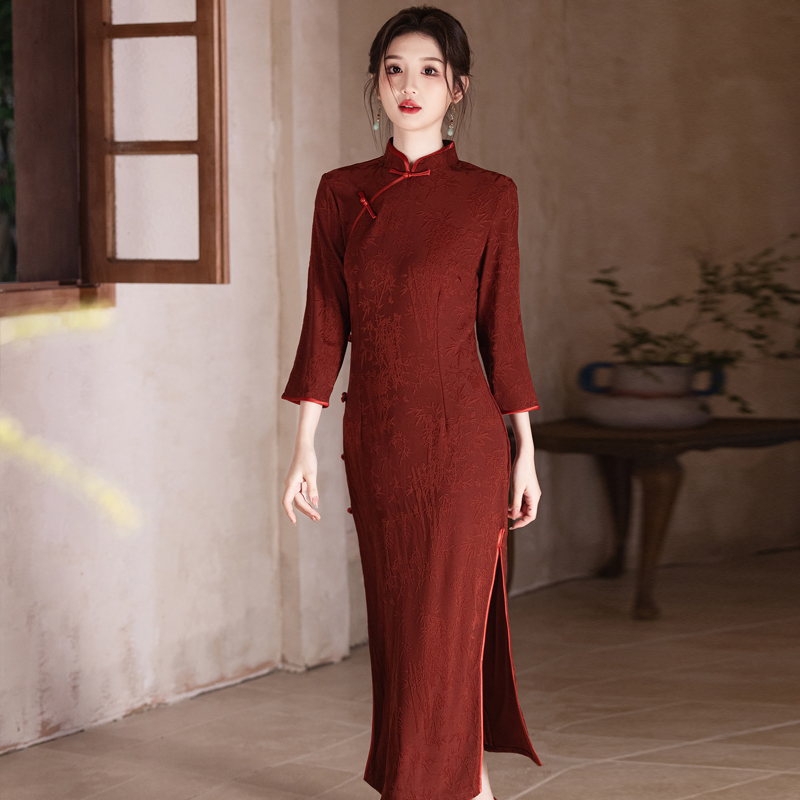 复古民国风长袖针织提花旗袍