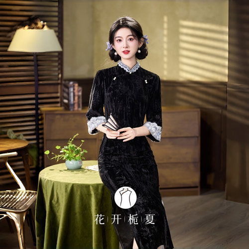 新中式气质高级感黑色丝绒旗袍