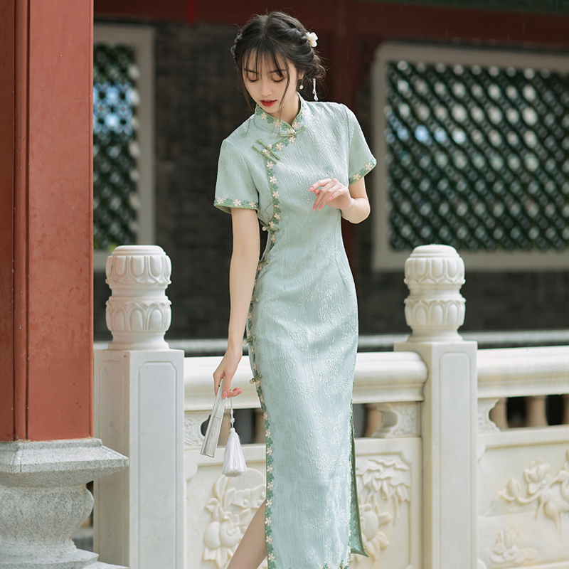 苏式波浪裙摆绿色年轻款少女改良旗袍2022夏季新款小清新日常可穿-优惠劵-图片