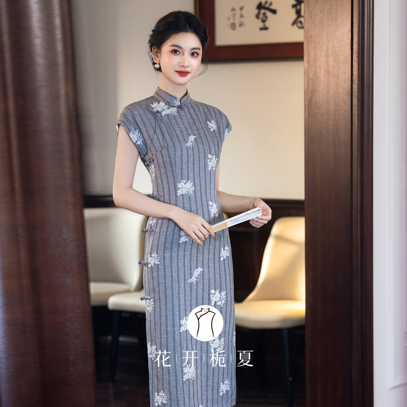 复古民国风灰色条纹旗袍气质修身显瘦年轻款少女小个子连衣裙3/18