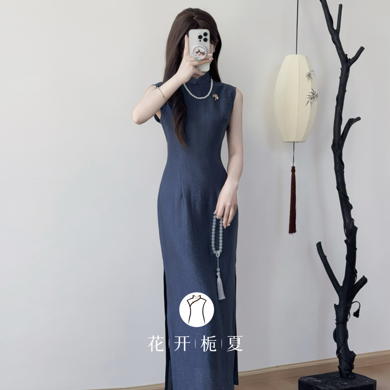 绝美新中式蓝色无袖旗袍