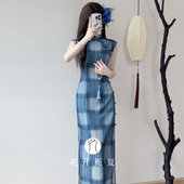 古法平裁蓝色全开襟旗袍复古民国风连衣裙 一片式 梦江南