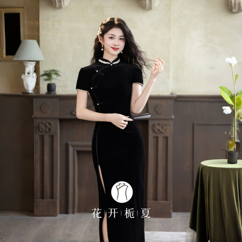 新中式气质高级感黑色丝绒旗袍