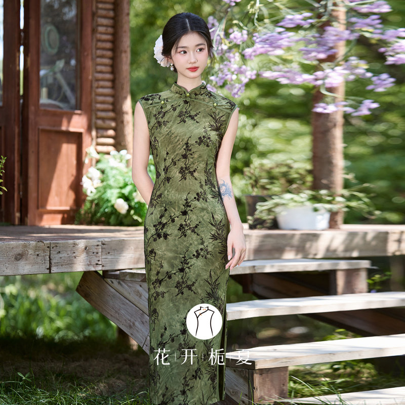 特别漂亮掐腰旗袍新中式绝美气质年轻款少女绿色无袖连衣裙 - 实物图