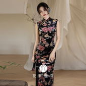 钻石绒印花长裙8 复古港风无袖 旗袍高端大气上档次年轻款