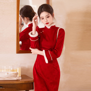 红色旗袍加绒新娘新中式 敬酒服喜服绝美气质连衣裙新年战袍