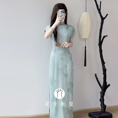 古法全开襟绿色长款旗袍