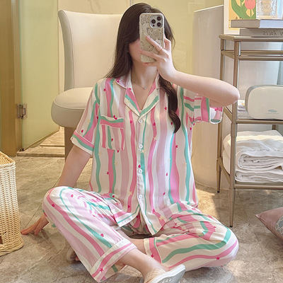 夏季睡衣女士棉绸宽松大码家居服可外穿短袖开衫绵绸套装薄款透气