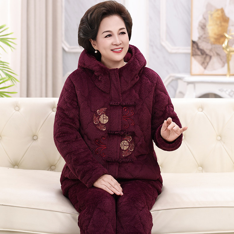 冬季中老年珊瑚绒夹棉女加绒加厚妈妈保暖家居服奶奶婆婆睡衣棉袄