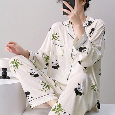 夏季睡衣女士棉绸宽松大码家居服可外穿长袖开衫绵绸套装薄款透气