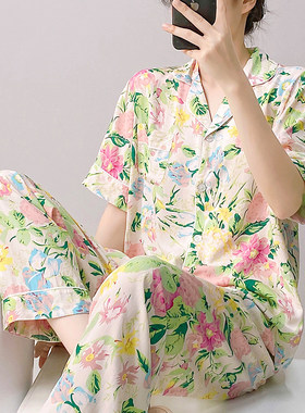 新款棉绸睡衣女夏季短袖两件套装