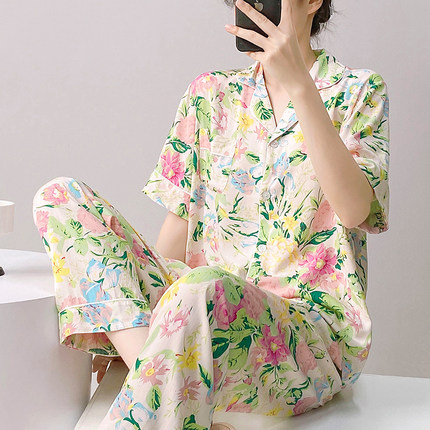 新款棉绸睡衣女夏季短袖两件套装宽松大码人造棉薄款可外穿家居服