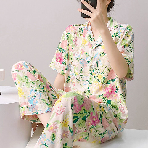 新款棉绸睡衣女夏季短袖两件套装