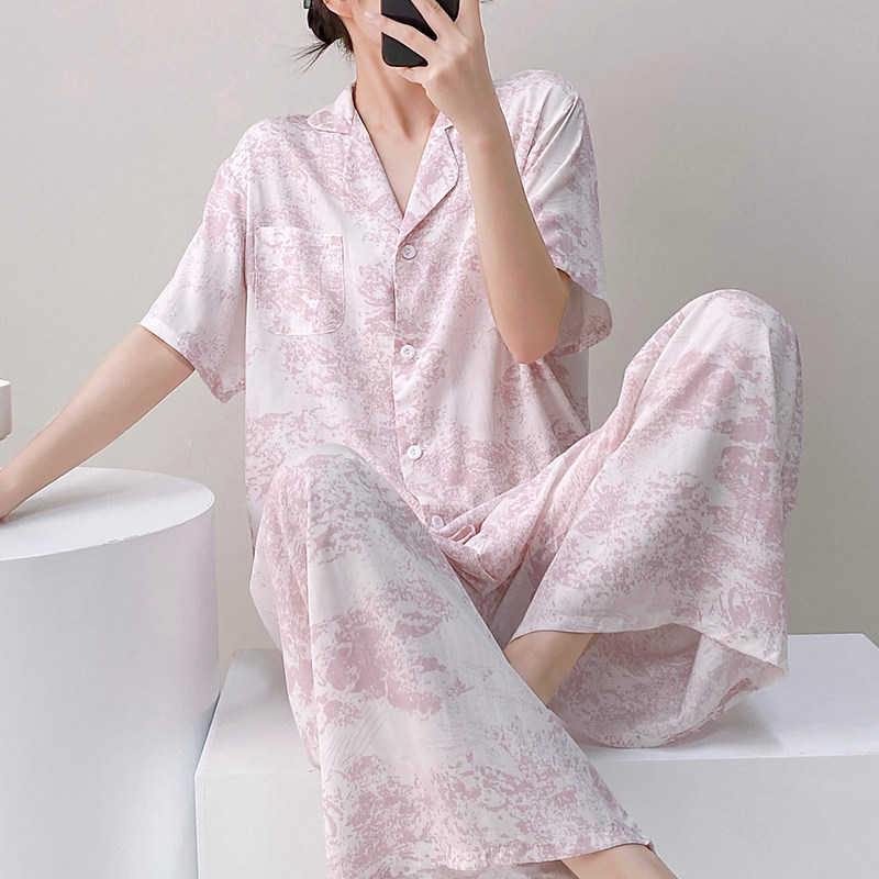 夏季棉绸睡衣女薄款短袖套装春秋韩版宽松大码人造棉家居服可外穿