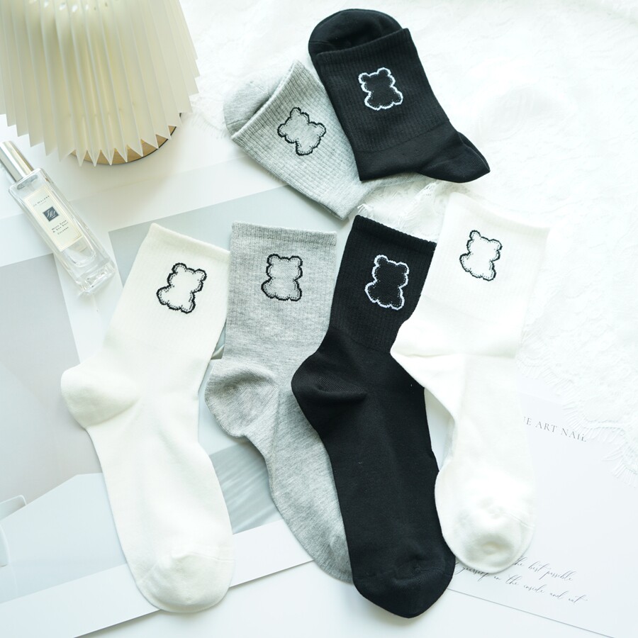 Rime韵魅桑蚕丝提花休闲抗菌女袜无骨卡通小熊头亲肤舒适春夏棉袜