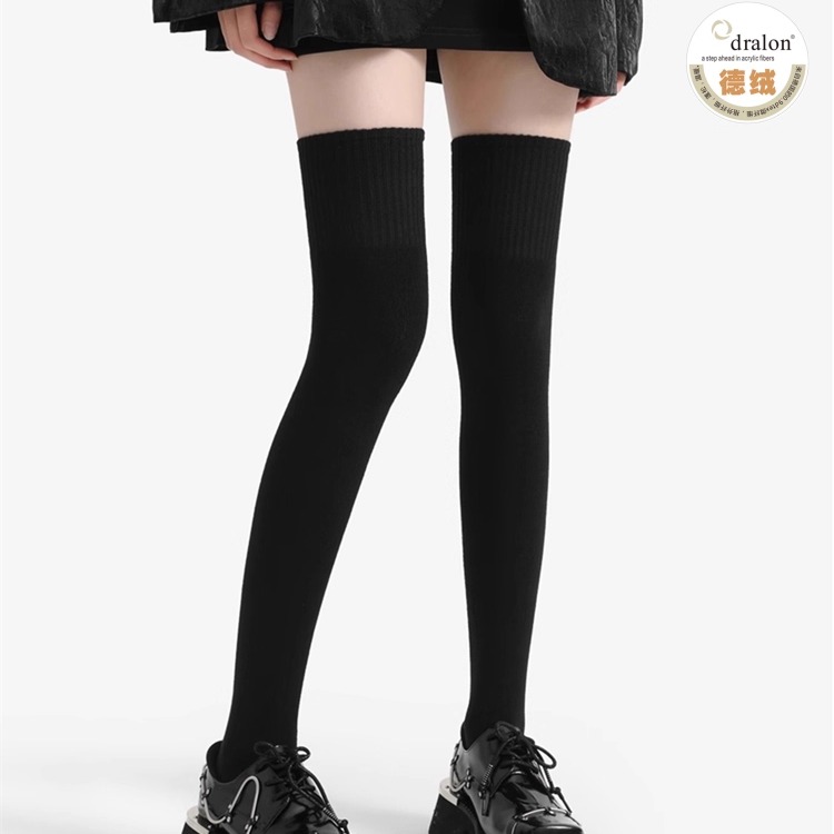 Rime韵魅羊毛德绒100%纯棉膝上长筒女袜子膝下高中筒显瘦美腿防滑