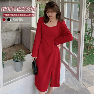 200斤胖mm气质名媛新年开叉连衣裙2023春季 大码 新款 女装