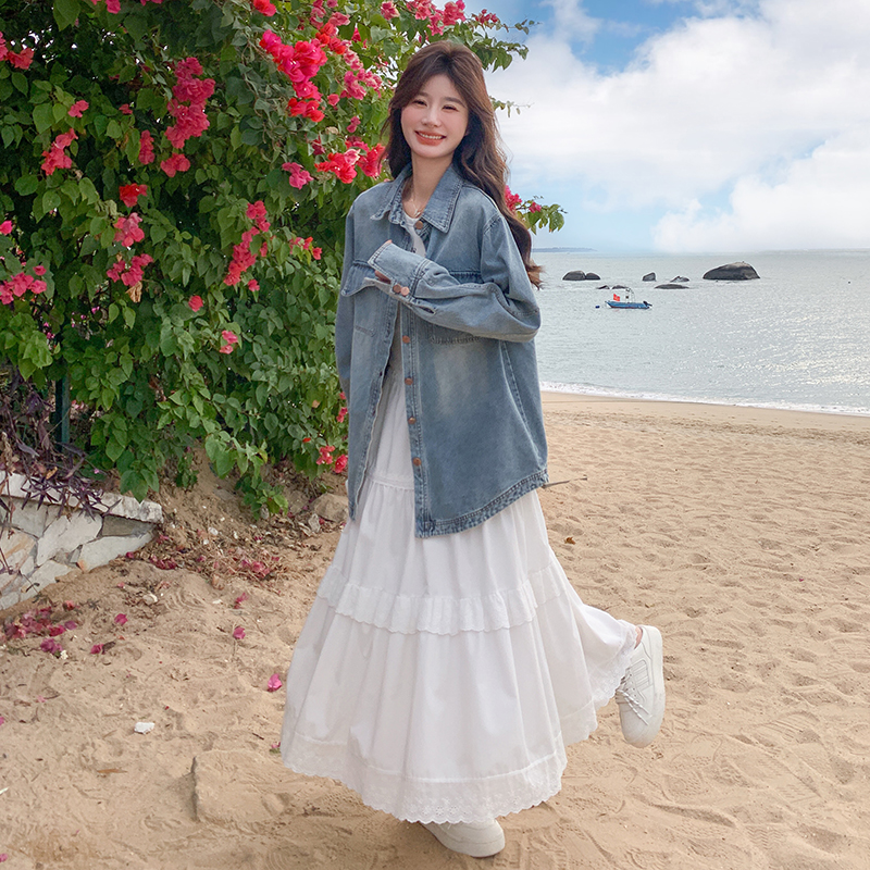 韩系复古高级感翻领牛仔衬衫女春秋小众设计感叠穿衬衣外套