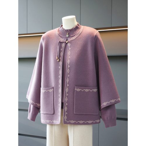 妈妈秋装两件套针织衫加绒套装婆婆新款中老年女装新中式开衫毛衣