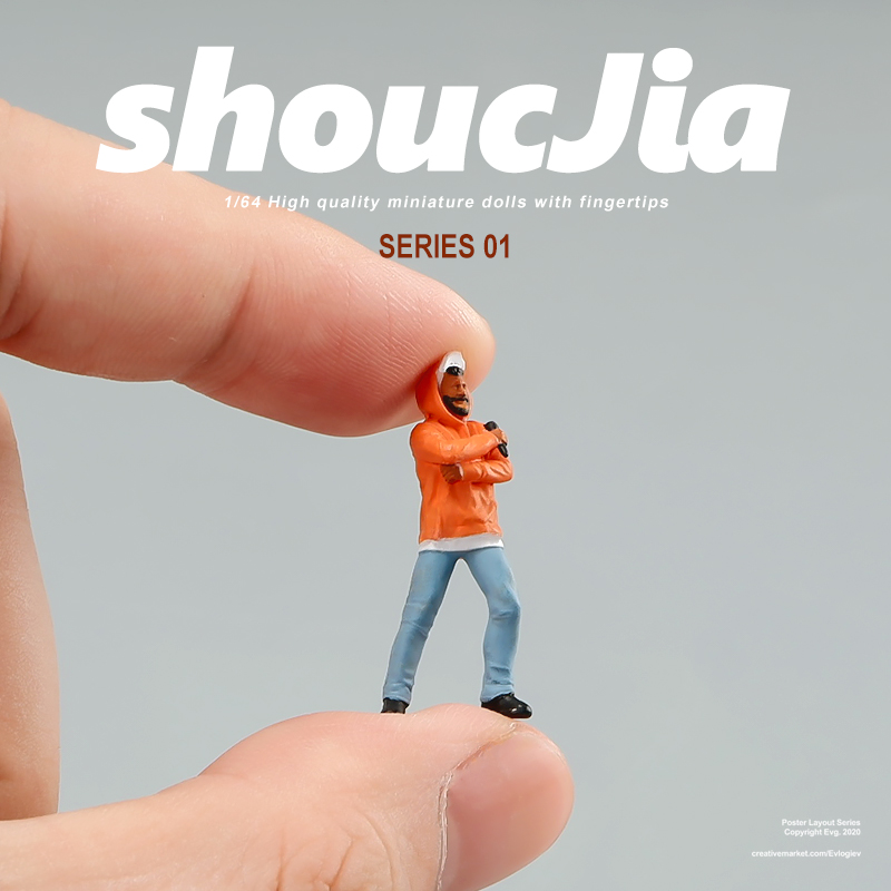 橙色连帽衫胡子男微缩人偶