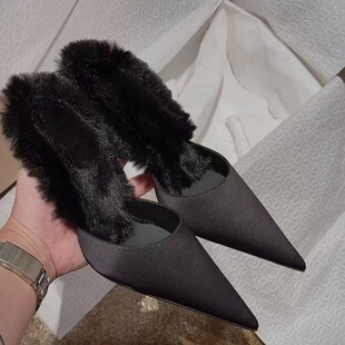 CL同款红底单鞋包头拖鞋2025秋冬新款压钻尖头高跟鞋女细跟毛毛鞋