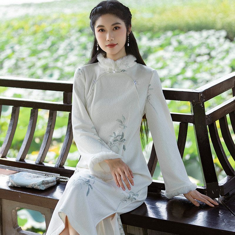 冬季加绒长袖新中式旗袍