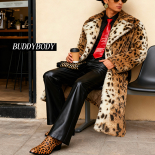 BUDDYBODY嘻哈街头奢华老钱宽松仿兔绒豹纹印花环保皮草中长大衣