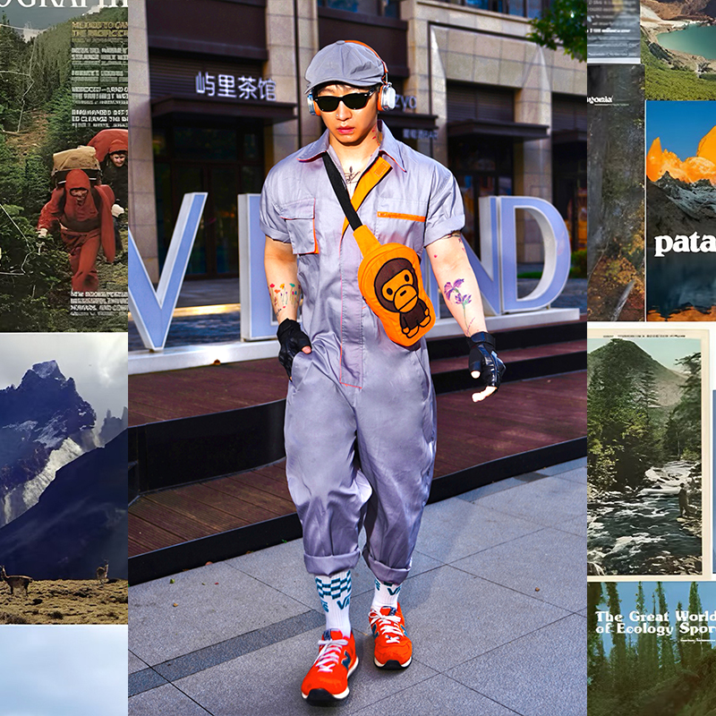 撞色多口袋短袖工装连体裤