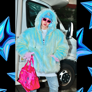 玛丽莲嘻哈美式 街头宽松廓形粉蓝仿狐狸毛加厚连帽毛毛皮草外套