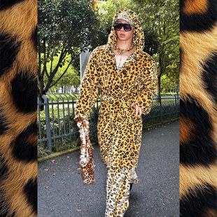 BUDDYBODY时髦嘻哈宽松加厚豹纹个性 印花连帽珊瑚绒睡袍大衣套装