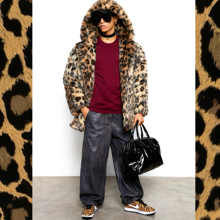 BUDDYBODY美式 仿狐狸毛环保皮草连帽豹纹毛毛外套 嘻哈街头个性