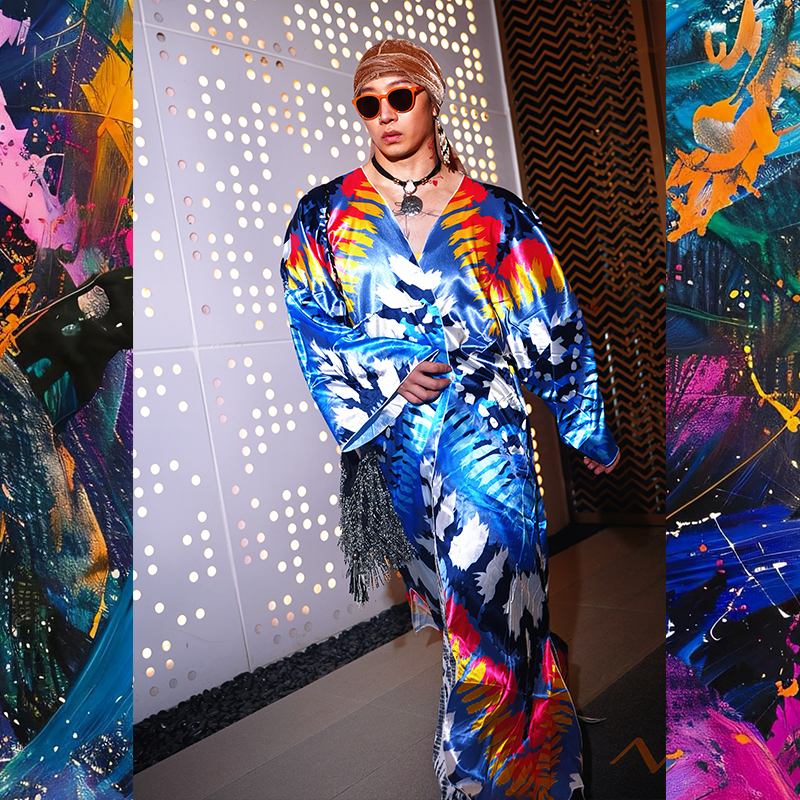 扎染印花缎面睡袍仿真丝度假文艺