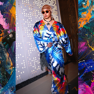 BUDDYBODY迷幻嬉皮文艺宽松亮面仿真丝超长撞色扎染睡袍长袍外套