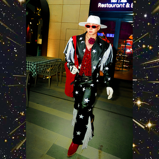 套装 BUDDYBODY摇滚牛仔复古翻领五角星印花PU皮短款 流苏皮衣皮裤