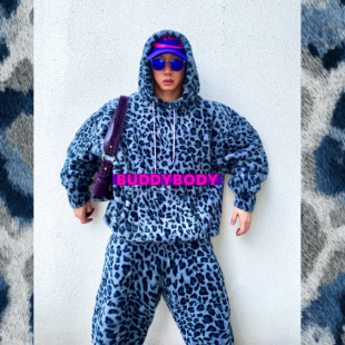 BUDDYBODY重磅嘻哈美式街头宽松仿兔绒豹纹毛毛连帽运动卫衣套装
