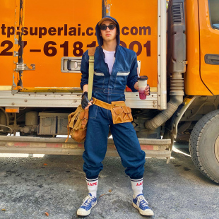 连体裤 BUDDYBODY美式 街头复古宽松收腰显瘦阿美咔叽牛仔连帽工装