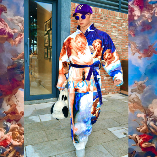 丘比特油画印花珊瑚绒睡袍复古